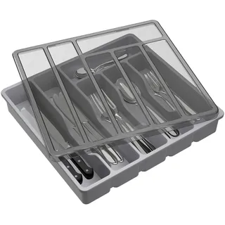 Lifewit Besteckkasten mit Deckel, Besteckaufbewahrung für Küchenschublade und Arbeitsplatte, Besteckkasten aus Kunststoff für Löffel, Gabeln, Messer, Einsatz, 6 Fächer, 32 x 30 cm, Grau