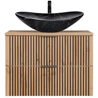 Lomadox Waschtisch schwarz gerillt 80 cm mit Keramik Waschbecken XANTEN-56 in anthrazit Eiche Nb., B/H/T: 80,6/73,7/46,5 cm