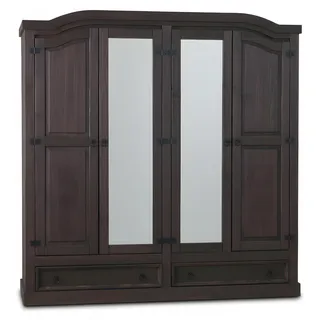 New Mexico Kleiderschrank 4-türig mit 2 Spiegeltüren, 2 Füllungstüren und 2 Schubladen, Breite 194 cm, Höhe 193 cm, kolonial gebeitzt. - Braun
