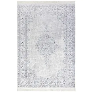 Nouristan Orientalischer Teppich – Wohnzimmerteppich mit Fransen Oriental Vintage Medaillon Naveh Samt-Teppich für Wohnzimmer, Schlafzimmer, Esszimmer, Küche, Flur – Pastell-Blau, 95x140cm