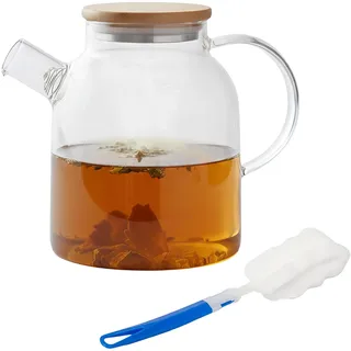 Relaxdays Teekanne Glas, Bambusdeckel, 1,8 Liter, transparent | mit Ausgusssieb, Glaskanne für losen Tee & Kaltgetränke