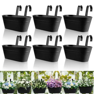 DAJAVE 6 Stück Metall Blumentopf Hängend, 27.5cm Hängeblumentopf, Hängende Blumentöpfe, Blumentopf Balkongeländer Große Blumenkasten Hängend Für Balkon Zaun Garten (Schwarz)