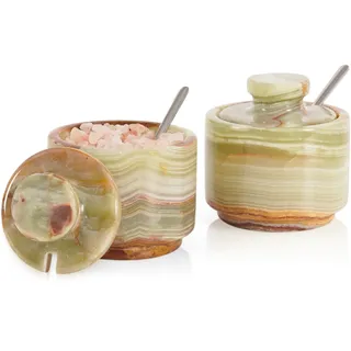 MARBLOUS KRAFTS Salzstreuer aus Marmor mit Deckel und Löffel Salzteller aus grünem Stein, 7,6 cm für Küchenarbeitsplatte, dekoratives kleines Set mit 2 Gewürzdosen