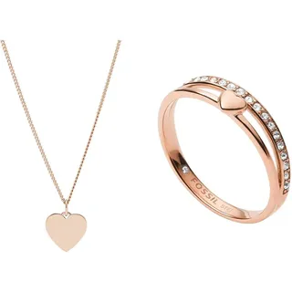 Fossil Halskette für Frauen, Herz-Anhänger und Edelstahl-Halskette, Länge 45cm, Roségold & Ring Für Frauen Vintage Glitz, Länge: 21,5 X 20 X 6 Rose Gold Edelstahl Ring, JF03460791