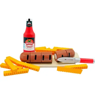 Tanner Spiellebensmittel "Bratwurst zum Schneiden mit Pommes und Werder Ketchup" aus Holz, FSC - schützt Wald, bunt