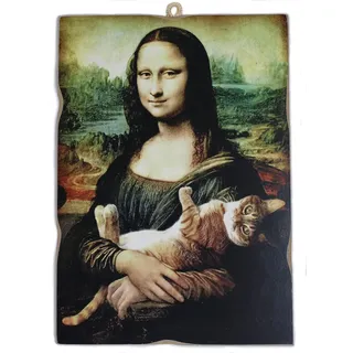KUSTOM ART Bild im Vintage-Stil La Gioconda Mona Lisa L. Da Vinci Mit Katze Druck auf Holz 18 x 25 cm