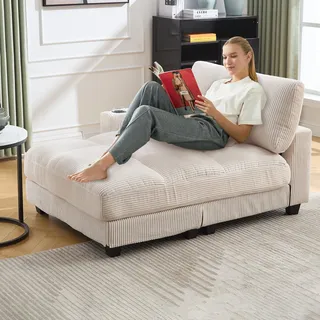 Ball & Cast Sessel Palm, Sofabed mit 2 Getränkehalter und Seitentasche, Schlafsessel mit 2 USB-Anschlüssen + Type-C-Anschluss, 140 x 112 x 81 cm, Beige