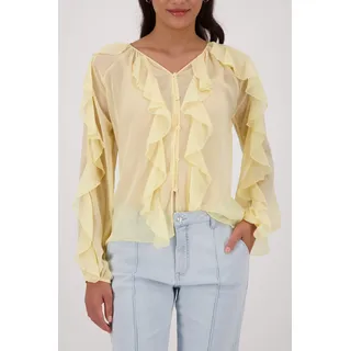 Georgettebluse MONARI "Bluse Georgette Rüschen", Damen, Gr. 40, past gelb, Web, Obermaterial: 100% Polyester, unifarben, regular fit taillenbedeckt, V-Ausschnitt, eingesetzt eingefasste Kante, Blusen Georgettebluse, Regular fit mit Volants