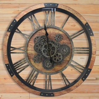 DORBOKER 68CM Große Vintage Wanduhr mit Beweglichen Zahnrädern, Retro Holz-Metallskelett, Gehärtete HD-Glasabdeckung, XXL Antike Steampunk Industriell Wanduhr für Büro Wohnzimmer Bar (Braun)