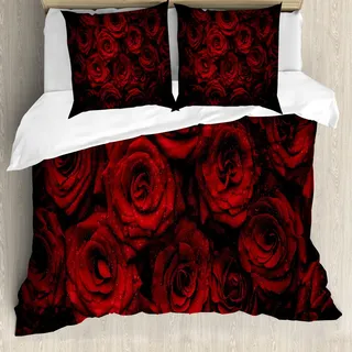 ABAKUHAUS Dunkelrot Bettbezug Set, Bild von roten Rosen mit Wassertropfen Blühendes Blumenstrauß-Symbol der Liebe und der Leidenschaft, 155 x 220 cm + 80 x 80 cm, Schwarz Rot - Schwarz, Rot