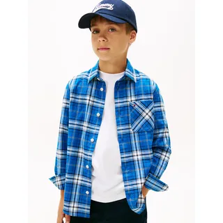 Langarmhemd TOMMY HILFIGER "TOMMY GRAPHIC CHECK SHIRT", Jungen, Gr. 8 (128), N-Gr, blau check, Web, Obermaterial: 98% Baumwolle, 2% Elasthan, gemustert, kariert, mehrfarbig, regular fit normal, Rundhals, eingesetzt 1-Knopf-Manschette mit Schlitz, Hemden Langarmhemd, Kinder bis 16 Jahre, Druck