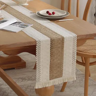 meioro Boho Bicolor Stitching Tischläufer, 30x120cm Tischdeko aus Gewebtem Leinen mit Quasten, Makramee Modern Tischwäsche für Tabletop Dekor Drinnen Küche Esszimmer Wohnzimmer (Creme & Braun)