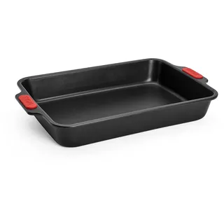 WOLL Bakeware Backform rechteckig, 33 x 23 cm, mit hitzebeständigen Silikongriffen bis 230°C, PFAS-frei, zweilagige Antihaftbeschichtung, aluminisierter Stahl, schwarz