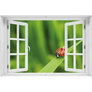 Wallario Outdoor-Poster für Garten oder Balkon 61 x 91,50 cm: Marienkäfer auf grünem Blatt - Schwarz