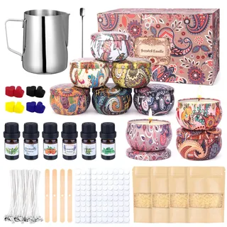 Tenuiskft Kerzen Selber Machen Set, DIY Kerzenherstellung Kit für Starter Weihnachtskerzen Geschenke, 480g Wachs, 9 Kerzendosen, 100 Kerzendochte, 112 Dochtaufkleber, 6 Parfümierte Öle, 8 Farbstoffe