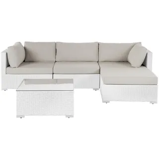 Beliani Lounge SET 4-Sitzer weiß rechtsseitig modular Auflagen sandbeige Sano , Weiß, Beige , Kunststoff , Gartenmöbel, Gartengarnituren, Gartenmöbel-Sets