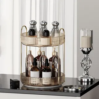 LEIKOSUP Make Up Organizer, 360° Drehbar Große Kapazität Kosmetik Organizer, Multifunktionaler Kosmetik Aufbewahrung für Kommode Schminktisch Schlafzimmer Badezimmer, 2 Schichten, Bernstein
