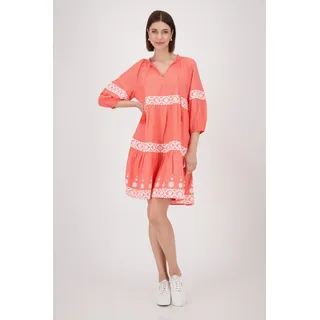 Blusenkleid MONARI "Kleid Stickerei", Damen, Gr. 38, N-Gr, rot (coral), Web, Obermaterial: 58% Baumwolle, 42% Modal, unifarben, regular fit ca. Mitte Oberschenkel, Rundhals, eingesetzt angesetztes Bündchen, Kleider Blusenkleid, mit kontrastfarbener Spitze