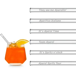 HALM Glasstrohhalme Aperol Spritz Geschenkset | 6 Stück gerade 15 cm für Aperol spritz Gläser | 6 Lustige Sprüche Cocktail Zubehör | Wiederverwendbare Glas-Trinkhalme graviert - Glasstrohalme