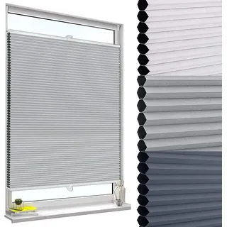 WOLTU Wabenplissee ohne Bohren verdunkelung, 75 x 130 cm, Grau-Weiß | Plissee Klemmfix, Plisseerollo Thermo, Sonnenschutz für Fenster und Tür, Sichtschutz, Faltrollo Schallschutz einfache Montage