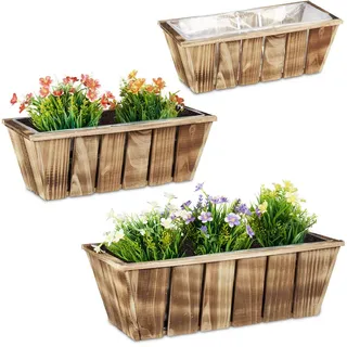 Relaxdays Blumenkasten Braun Holz 3er-Set wetterbeständig 46 cm , Holz, Kunststoff , 46x15x23 cm , Dekoration, Blumen & Blumentöpfe, Übertöpfe