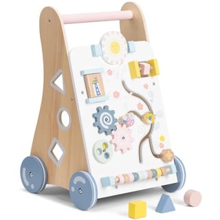 Navaris Lauflernwagen Baby Activity Wagen - Holz Lauflernhilfe mit Spielelementen - Spielwagen Laufwagen Holzspielzeug ab 12 Monaten - beige bunt