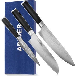 Arbaer Messerset 3-teilig - Japanischer Damastdruck - Pakka-Holzgriff - Schwarz