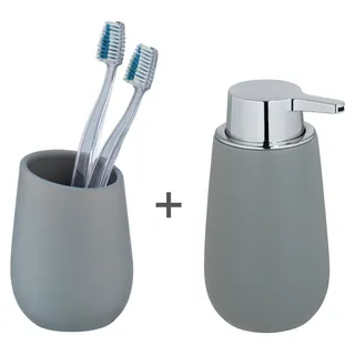 WENKO Waschtisch-Set Mod. Badi, 2-teiliges Bad-Accessoire Set mit 1x Seifenspender nachfüllbar mit bis zu 320 ml Flüssigseife, 1 x Zahnputzbecher, aus Keramik mit matter Oberfläche, Grau