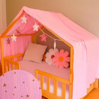 YellowNest Hausbett Himmel - 100% Baumwolle - Betthimmel Hausbett aus Musselin für Bett 70x140 cm & 80x160 cm - Mit Wimpelkette Kinderzimmer Stern (Rose Wimpelkette Stern, 130 x 320 cm)