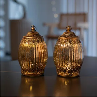 Jinfa 2er-Set Laternen Stimmunglichter mit batteriebetrieber LED-Lichterkette orientalische Zierde Tischdeko Geschenk | Oval | Königliches Gold | Ø 10,5 cm × H 18 cm