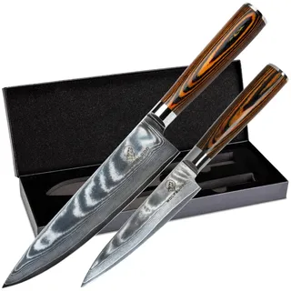 Wolfblood 2er Damastmesser Set (32cm und 24cm) TÜV geprüfter 62 HRC Damaststahl aus 67 Lagen I Damast Küchenmesser Set mit Chefmesser Kochmesser Holzgriff Geschenkbox & Klingenschutz