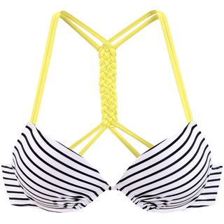 Push-Up-Bikini-Top VENICE BEACH "Camie", Damen, Gr. 34, Cup C, grün (schwarz, weiß, limette), Recycling-Polyamid, gestreift, kontrastfarbene Details, Bikini-Oberteile Push-Up-Bikini-Top, im Rücken zu binden