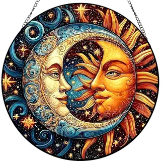 Sonnenfänger Sonne Mond Sternen, Acryl Sonnenfänger Fenster, Buntes Fensterdeko Hängend Modern, Retro Fensterschmuck Hängend, Suncatcher mit Eisenketten, Asthetische Deko für Wohnzimmer Balkon Garten