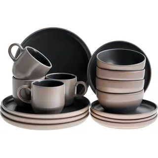 BELIANI Tafelservice Beige und Schwarz Steinzeug Glasiert für 4 Personen 16-teilig Rund Elegant Zweifarbig Geschirr Set Essgeschirr Küche Esszimmer - Beige, Schwarz