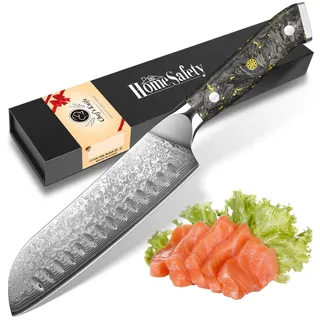 Home Safety Santoku Messer Damast - Damastmesser Profi Kochmesser I extra Scharfes 17.8cm Klinge aus 67 Lagen VG-10 Damaststahl I Damast Küchenmesser, Geschenkbox
