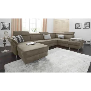 Wohnlandschaft SIT & MORE "Avignon U-Form", grau (taupe), B:331cm H:97cm T:228cm, Flachgewebe (90% Polyester, 10% Polyamid);Luxus-Microfaser (100% Polyester);Struktur (100% Polyester), Sofas, Wohnlandschaft, wahlweise mit Bettfunktion und Stauraum, inklusive Kopfteilverstellung