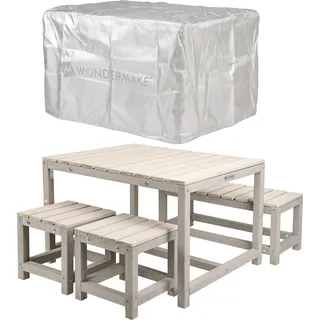 WONDERMAKE® Design Kindersitzgruppe Outdoor Garten Holz mit Abdeckung Kinder-Sitzgarnitur Indoor Picknick-Gruppe ab 3 Jahre Gartenmöbel-Set grau beige - Grau, Beige