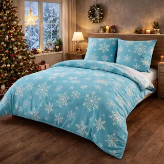 Buymax® Bettwäsche Bettbezug 200x220 cm, Kopfkissenbezug 80x80 cm 3 teilig Deckenbezug Set aus 100% Baumwolle Biber Flanell Winter mit Reissverschluss - Türkis, Weiß