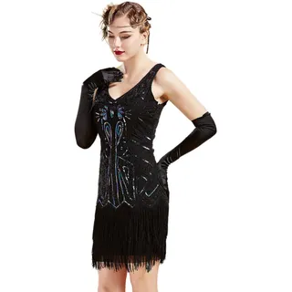 BABEYOND Damen Kleid Retro 1920er Stil Flapper Kleider mit Zwei Schichten Troddel V Ausschnitt Great Gatsby Motto Party Kleider Damen Kostüm Kleid (Bunt Schwarz, S)