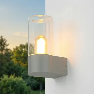 Licht-Erlebnisse Wandleuchte außen Aluminium Rauchglas E27 IP44 H: 19,7 cm klein in Grau Bernstein Modern Outdoor Wandlampe Haus Terrassenlampe Balkonlampe