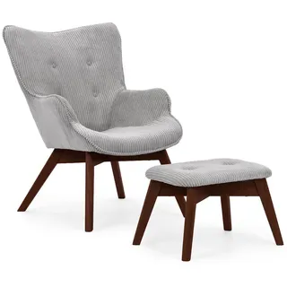 S-Style Möbel Loungesessel mit Fußhocker Lenari Hellgrau Cordstoff mit Füßen in Braun , Textil , Echtholz,Buche, Birke , 71x96x86 cm , Blauer Engel, FSC Mix, Oeko-Tex®, Hergestellt in Europa , Wohnzimmer, Sessel, Polstersessel