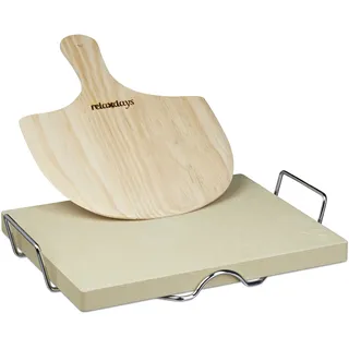 Relaxdays Pizzastein 43 cm Holz/Eisen Weiß