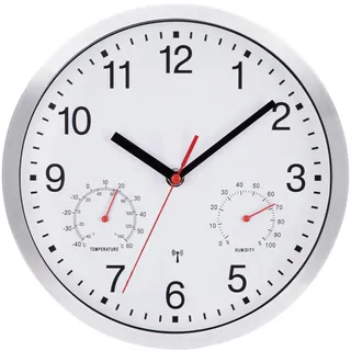 NESIFEE Funkwanduhr Geräuschlos Funkuhr Wand Lautlos Wanduhr Funk Ohne Tickgeräusche Uhr mit Temperaturanzeige und Feuchtigkeitsmesser Leis Kein Ticken Weiß gut Lesbar für Wohnzimmer Büro Küche