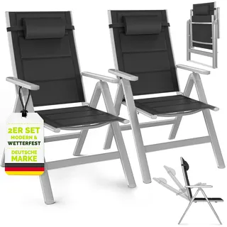 tillvex Gartenstuhl mit Polster Premium 2 Stück Silber klappbar aus Aluminium | Hochlehner mit Armlehnen | Klappstuhl verstellbar | Klappsessel Balkon Garten Terrasse - Silber
