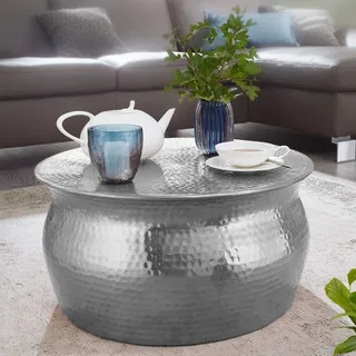 FineBuy Couchtisch rund 60 cm Metall silber Design Aluminium Wohnzimmertisch handgefertigt - Orientalischer Alu Beistelltisch Wohnzimmer Hammerschlag - Silber