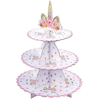 MengH-SHOP Cupcake-Ständer 3 Ebenen aus Karton mit rundem Einhorn-Motiv für Babyparty, Geburtstag, Mottoparty
