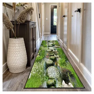 Siunwdiy Teppich Läufer Flur Lang 80x200 cm Grün - 3D Naturmotiv mit Wasser & Pflanzen - Rutschfester Waschbarer Küchenteppich für Korridor/Schlafzimmer/Wohnzimmer - Moderner Flurläufer als Meterware