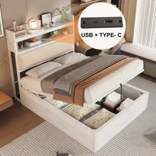 Flieks Jugendbett 90x200cm mit USB, Einzelbett Metallbett mit Stauraum, Hydraulisches Metallbett Klassisches Bett Stauraumbett, Weiß - Weiß