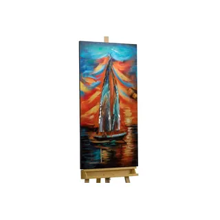 KunstLoft Metallbild 3D | 100% HANDGEFERTIGT | 60x120x5cm | Wandbild Metall Deko 'Nubes Rojas' | Segelschiffe Boote | Blau Rot | Metall Wanddeko Wohnzimmer