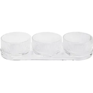Stelton Pilastro Tapas Set aus geriffeltem Glas - 3 Glasschalen auf Glasplatte für Tapas, Oliven, Erdnüsse, Dips - Spülmaschinenfest - Dänisches Design im Art Deco Stil